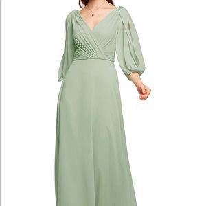 ALICEPUB V-Neck Chiffon Maxi Dress Long Sleeve Formal Dress in Light Green Sage